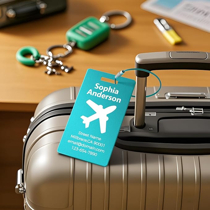 4 Pack Personalized Luggage Tags, Custom Engraved Aluminum Luggage Tags with Your Personalized Text, Waterproof Metal Name Tags With Steel Loop for Bags, Suitcase, Baggage, Backpack (Lake Blue, Large)
