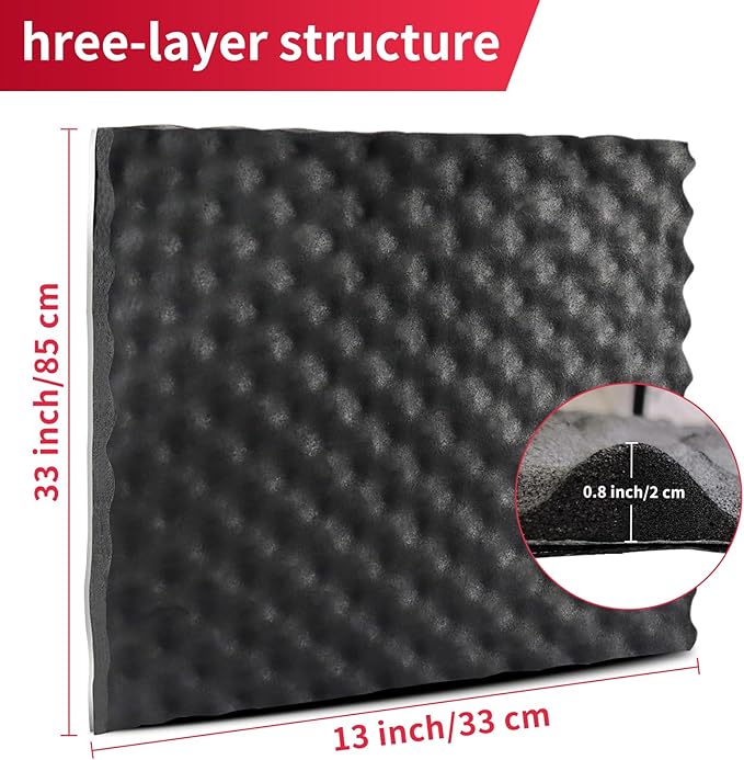 20mm Thick self-Adhesive Sound Acoustic Panels Wave Foam Proof Padding Soundproofing Eggcrate Design Car Heatproof Noise Deadener Mat for Studio, Walls, Doors, 33"x13" 3sqft