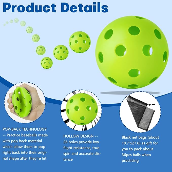 Coopay 12/50/100 Pack Baseball Practice Balls Plastic Training Balls Lightweight Hollow Softballs with a Drawstring Bag for Hitting, Baseball Training Indoor Outdoor Use