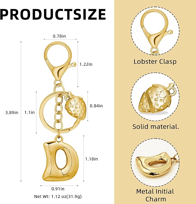 Gold Bubble Heart, Cherry, Bow & More Designs Letter Initial Keychain Bag Charms – Cute Purse Charms for Handbags