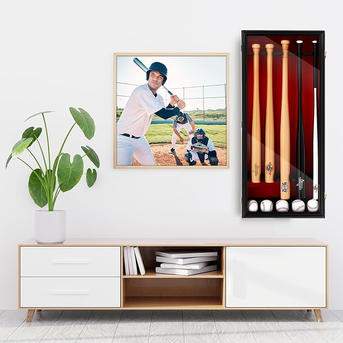 Baseball Bat Display Case Wall Mounted Shadow Box Vertical or Horizontal UV Protection Display Boxes with Acrylic Transparent Door Holder for Collector Memorabilia Gift(5 Baseball Bat)