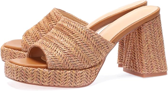 Monrovia Womens Sandals Heels for Women Slide On Block Chunky Platform High Heels Open Toe Raffia Wedge Sandals