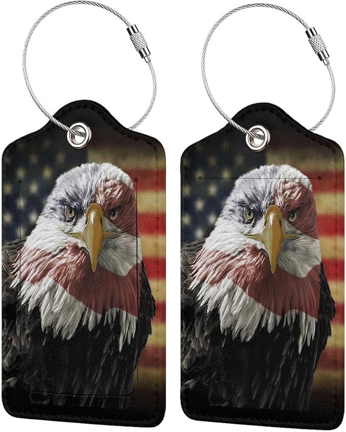 2 Pack Bald Eagle USA Flag Luggage Tags for Suitcases, Cool Leather Luggage Tag for Travel, Bag Tag Privacy Name ID Card Bag Labels for Friends Adults Kids Tourists
