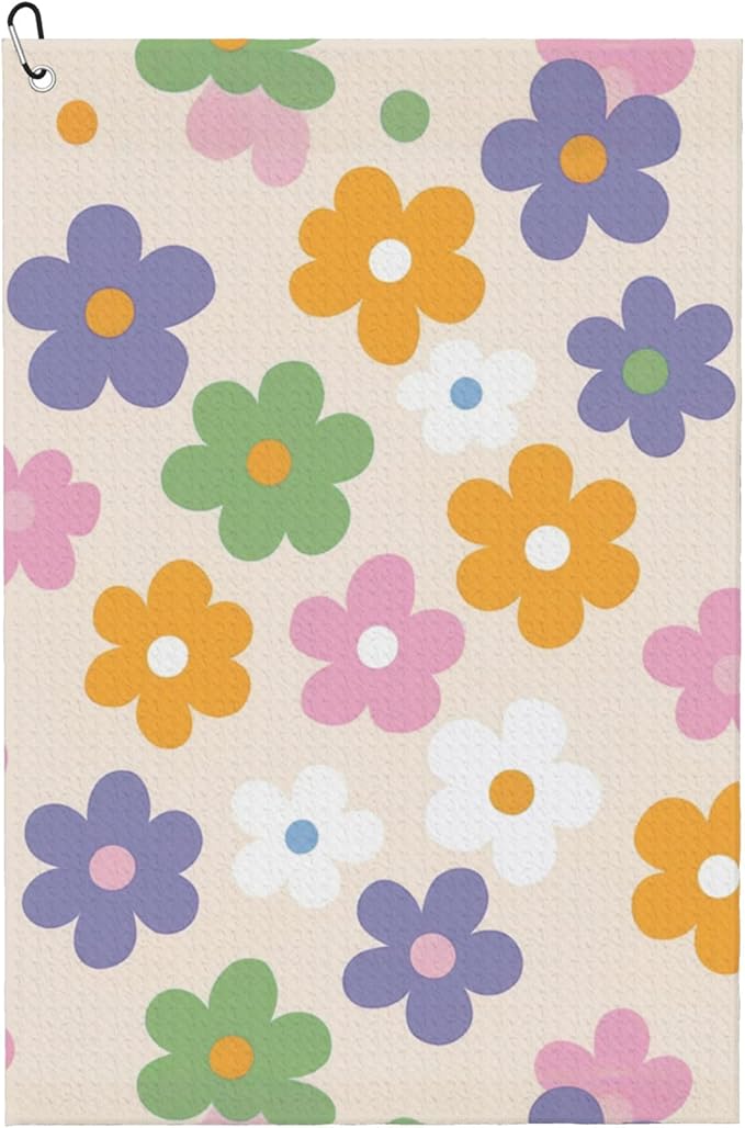 Cute Floral Golf Towel with Carabiner Clip 24"x16" Microfiber Waffle Flower Ladies Golf Towels for Golf Bags Funny Golf Rag for Disc Balls Clubs Accessories for Women Men Girls