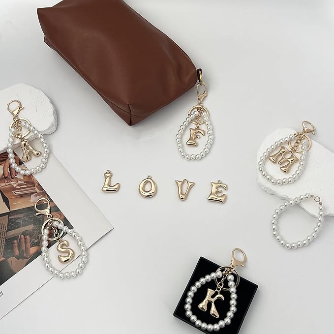 Gold Bubble Heart, Cherry, Bow & More Designs Letter Initial Keychain Bag Charms – Cute Purse Charms for Handbags