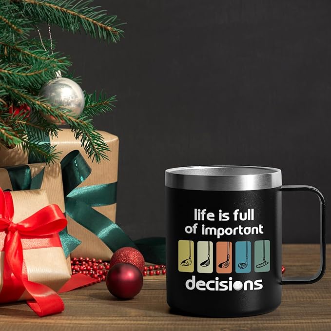 Lifecapido Golf Stainless Steel Coffee Mug, Life is Full of Important Decisions - Golf Gifts Birthday Gift Christmas Gifts Father's Day Gift for Men Dad Golfer Grandpa Boss Coworker (12oz, Black)