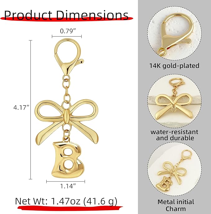 Gold Bubble Heart, Cherry, Bow & More Designs Letter Initial Keychain Bag Charms – Cute Purse Charms for Handbags