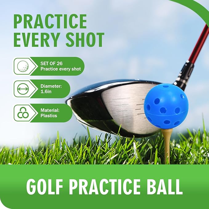 26 Pack Practice Golf Balls, 41mm Hollow Airflow Plastic Golf Balls with Golf Tees, for Indoor Outdoor Driving Range Backyard Swing Practice