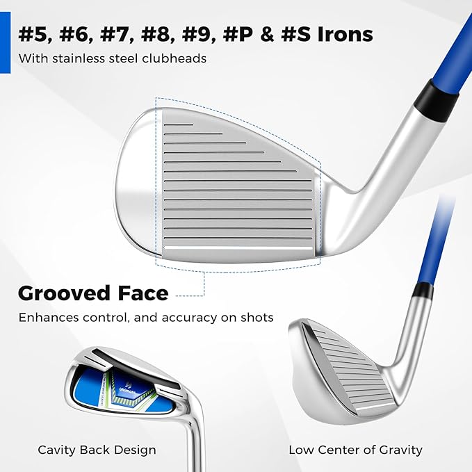 ULTIMATE 12 Pieces Men's Complete Golf Clubs Set w/Golf Stand Bag, 460cc #1 Driver, #3 Fairway, #5 Hybrid, #5#6#7#8#9#P#S Irons, Putter, Full Right-Handed Golf Set for Men