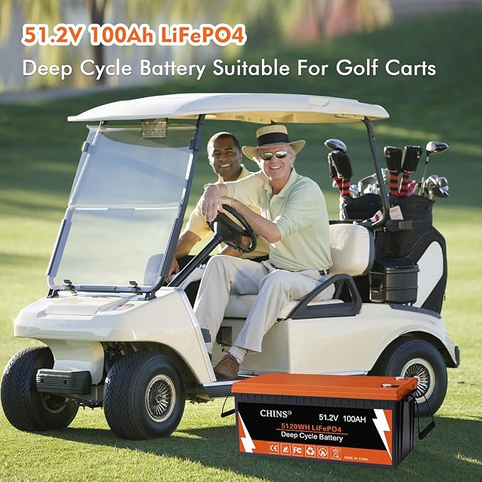 CHINS 48V 100AH LiFePO4 Lithium Battery, Built in 200A BMS with 10 Yrs Lifespan, Perfect for Golf Cart, Trolling Motor, Solar System, RV, Marine