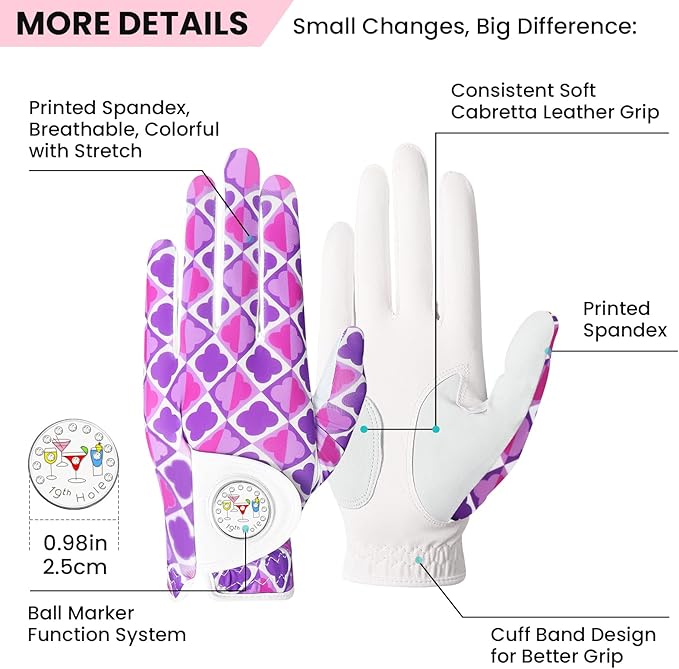 FINGER TEN Stylish Golf Gloves Women with Ball Marker 1 Pack for Left or Right Hand, Breathable Glove with Fashion Patterns for Ladies Right Left Handed Golfer