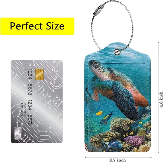 2 Pack Sea Turtle Luggage Tags for Suitcases, Cool Leather Luggage Tag for Travel, Bag Tag Privacy Name ID Card Bag Labels for Friends Adults Kids Tourists