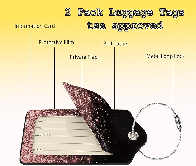 Leather Luggage Tags for Adults Teens,2 Pack Rose Gold Glitter Travel Bag Suitcase Labels with Stainless Steel Loop ID Tags Card Baggage Bag Label