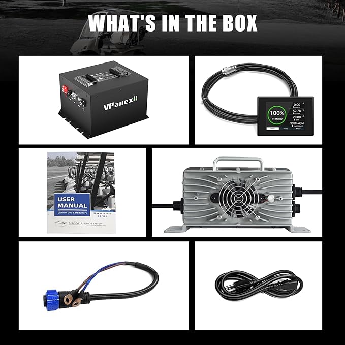 48V Lithium Battery Golf Cart,48V 72Ah Golf Cart Batteries with 18A Charger,Built-in 200A BMS,Metal Casing,Supports Bluetooth Mobile APP,Touch Monitor,6000+ Cycles,Peak Current 600A,Max 10.24kW