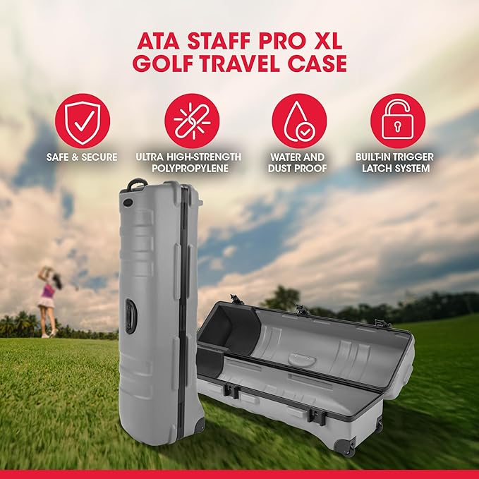 SKB Staff ATA Hard Shell Plastic Golf Travel Case for Cart Bags with Wheels - Heavy-Duty Rolling Club and Driver Carrier for Airline Transport, Impact-Resistant with TSA Locking Latches