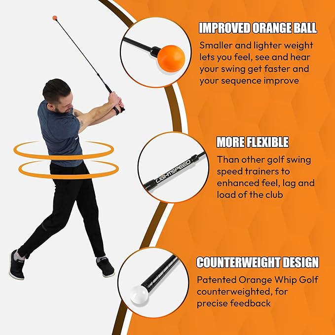 Orange Whip Lightspeed Golf Swing Trainer Aid Patented & Made in USA- Speed Stick Improves Speed, Distance and Accuracy (45")