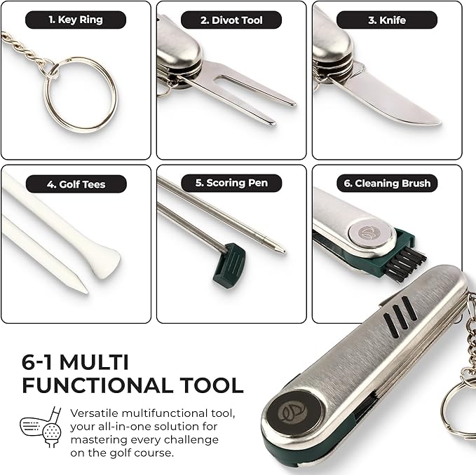 Christmas Golf Gift for Men and Women - Luxury Golf Accessories Set, Vegan Leather Case, 12 Golf Balls, Tees, Divot Tool Knife & Bag with Hook - Perfect Stocking Stuffer