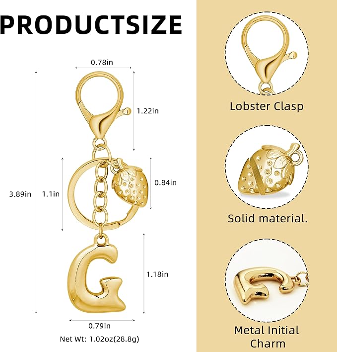 Gold Bubble Heart, Cherry, Bow & More Designs Letter Initial Keychain Bag Charms – Cute Purse Charms for Handbags
