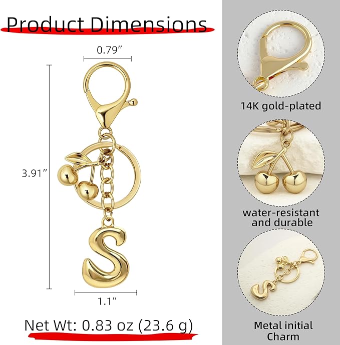 Gold Bubble Heart, Cherry, Bow & More Designs Letter Initial Keychain Bag Charms – Cute Purse Charms for Handbags