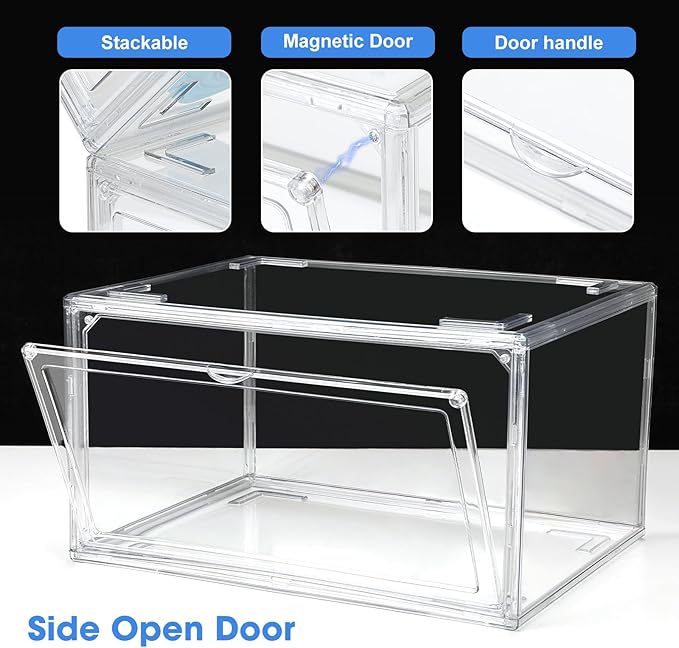 HIYOHIYO 2-Pack Acrylic Clear Stackable Shoe Boxes - 360 Clear Acrylic Display Shoes Boxes - Fully Transparent Display Box with Magnetic Door - Size 14