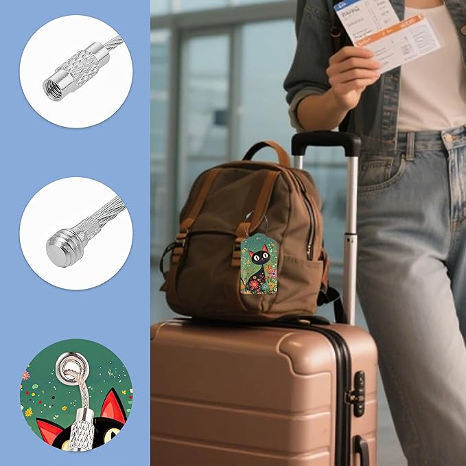 3 Pack Luggage Tag for Suitcase Leather Travel Cruise Luggage Tag with Stainless Steel Loop Name ID Label Privacy Cover for Adults Teens Travel Bag Labels Set (Black Cat Flower)