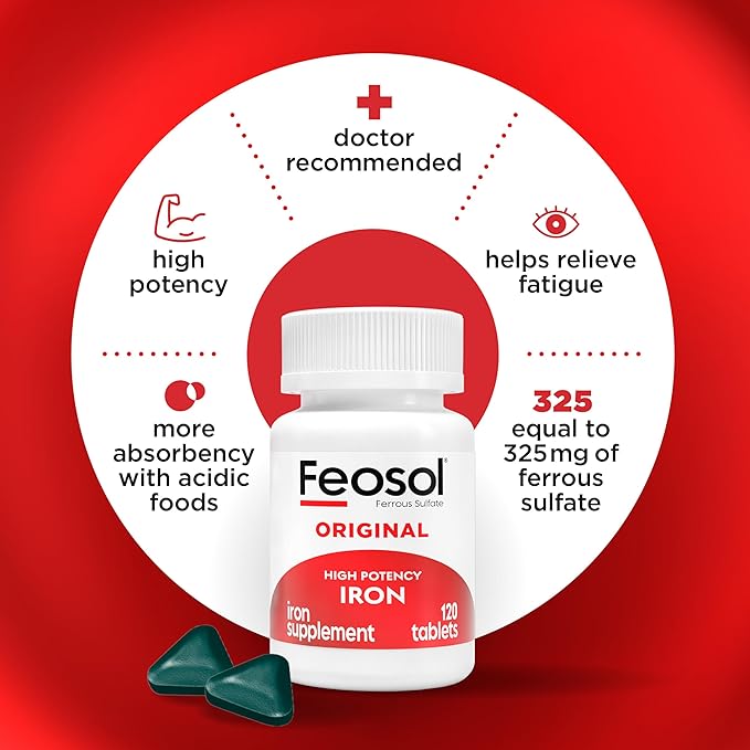 Feosol Original Iron Supplement Tablets, Non-heme, 325mg Ferrous Sulfate (65mg Elemental Iron) per Iron Pill, 1 Per Day, 120ct, 4 Month Supply, for Energy and Immune System Support, Made in USA