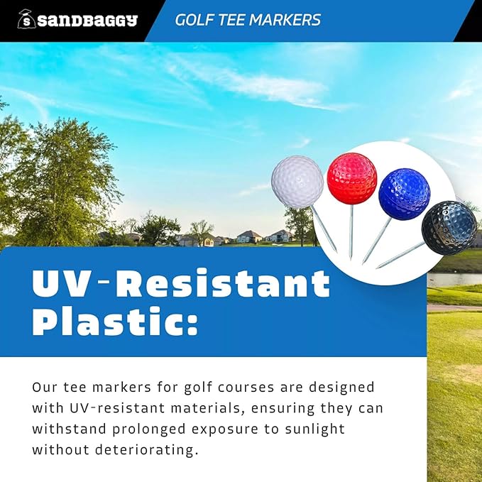 Sandbaggy Plastic Tee Markers for Golf Course (UV Resistant) - Steel Spike - Safety Caps Included