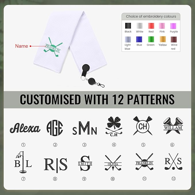 Personalized Golf Towel Custom Golf Towels for Golf Bags with Embroidery Initial Name Magnetic Golf Towel Microfiber Golf Towels with Clip Gifts for Golfers Men Women 16"x 24" (White)