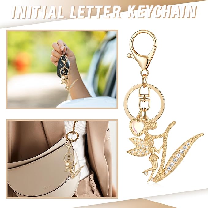 Gold Plated Alphabet Initial Letter Keyring Keychain for Women Girls Crystal Key Chains for Wallet Backpack Bag Charm