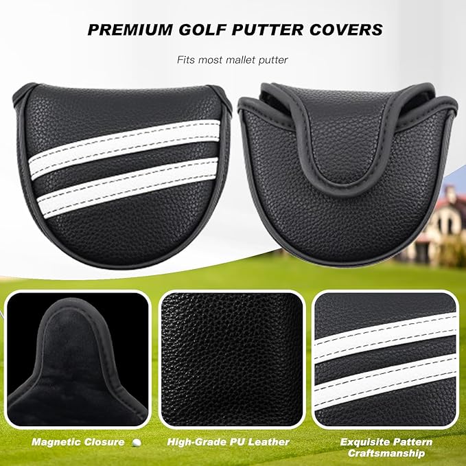 Golf Club Covers,4pcs or 1pc Golf Headcovers for Woods and Driver Fairway Hybrids Women Men - Premium PU Leather with Interchangeable Tags & Magnetic Blade and Mallet Putter Covers