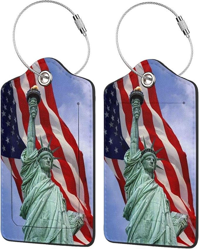 TSA Approved Luggage Tags for Suitcases Statue of Liberty Flag 2 Pack Funny Leather Carnival Cruise Airport Cute Travel Name Tags Golf Bag tag Ships Essentials Privacy Cover ID Label for Women Men