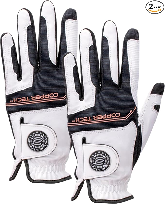Copper Infused Golf Glove for Men – White/Black – 2 Pack – Compression Fit, Arthritis Relief, Non-Slip Grip – USGA Approved