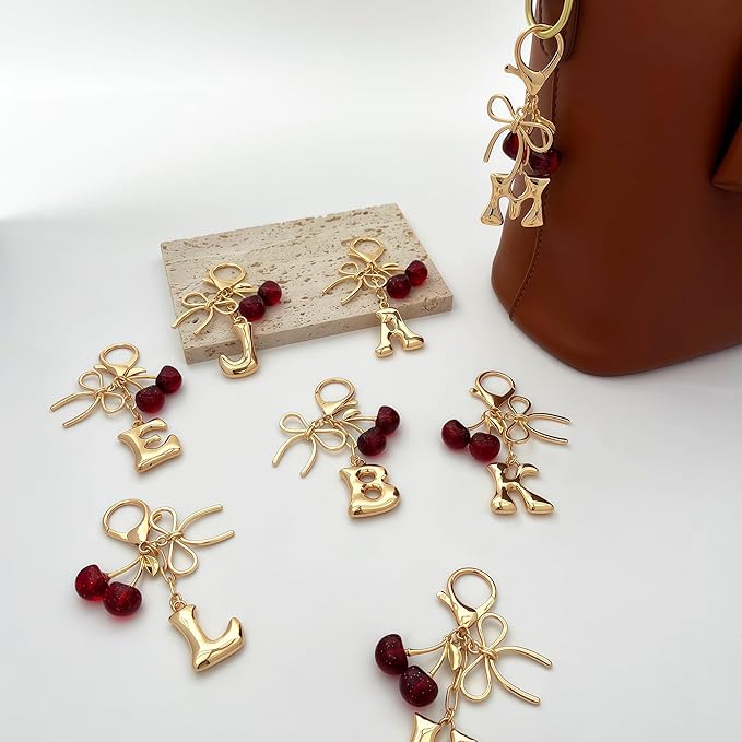 Gold Bubble Heart, Cherry, Bow & More Designs Letter Initial Keychain Bag Charms – Cute Purse Charms for Handbags