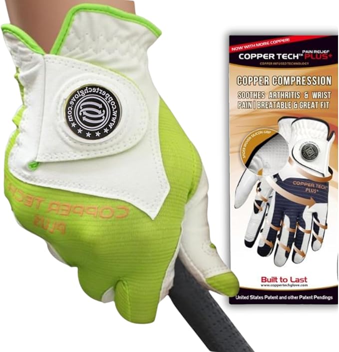 Copper Infused Womens Golf Glove White/Lime – Compression Fit, Non-Slip Silicon Grip, Arthritis Relief, Muscle Support, USGA Approved