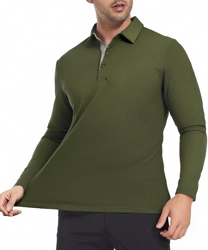 Alex Vando Mens Golf Shirt Moisture Wicking Quick-Dry Solid Long Sleeve Polo Shirts for Men