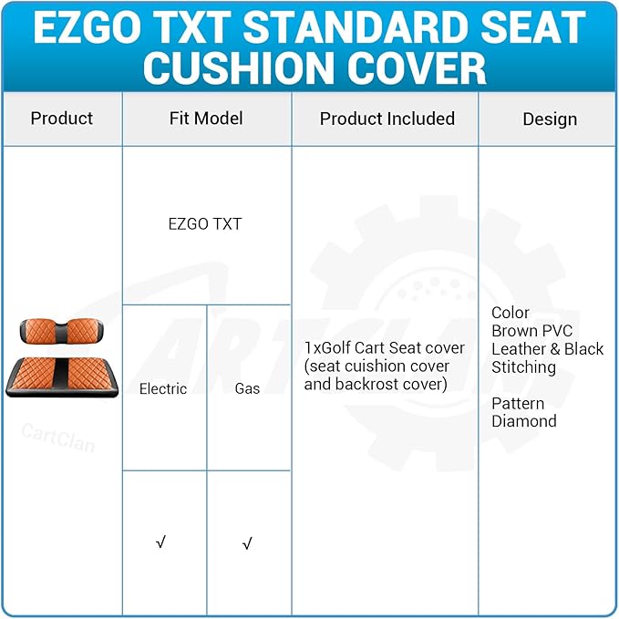 Golf Cart Diamond Seat Covers Kit Suitable for EZGO TXT Standard Front Seat Cushion, Golf Cart Front Seat Covers Kit No Drilling & Waterproof (Brown PVC Leather & Black Stitching)