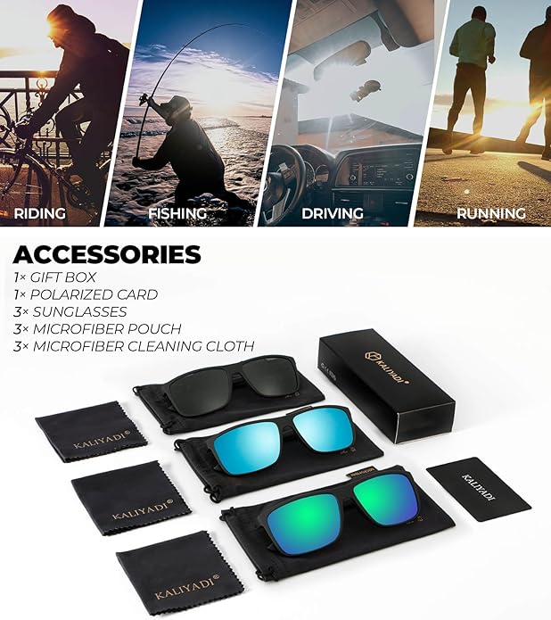 KALIYADI Polarized Sunglasses for Men and Women, Mens Sun Glasses with UV Protection for Driving Fishing Golf (3 Packs)