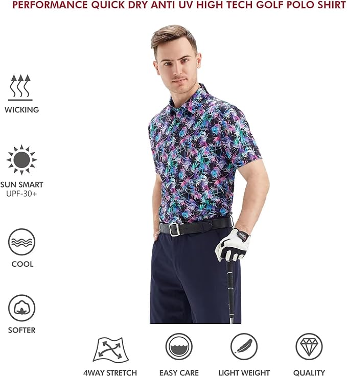 Golf Shirts for Men Dry Fit Short Sleeve Print Performance Moisture Wicking Polo Shirt