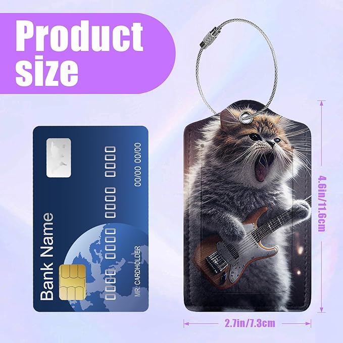 3 Pack Funny Guitar Cat Luggage Tags for Suitcase Animal PU Leather Travel Luggage Tag Privacy Cover ID Label for Women Men Baggage Backpack Handbag School Bag