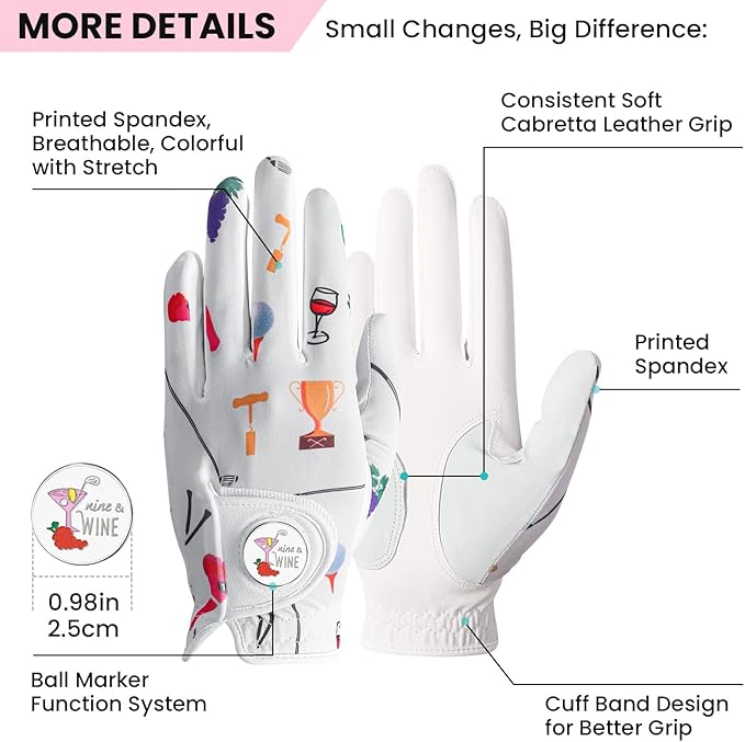 Golf Gloves Women with Ball Marker 2 Pack, Right Handed Golfer Left Hand, Ladies Breathable Soft All Weather Grip Glove Fit Size Small Medium Large XL