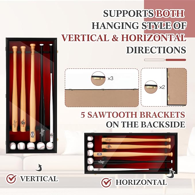 Baseball Bat Display Case Wall Mounted Shadow Box Vertical or Horizontal UV Protection Display Boxes with Acrylic Transparent Door Holder for Collector Memorabilia Gift(5 Baseball Bat)