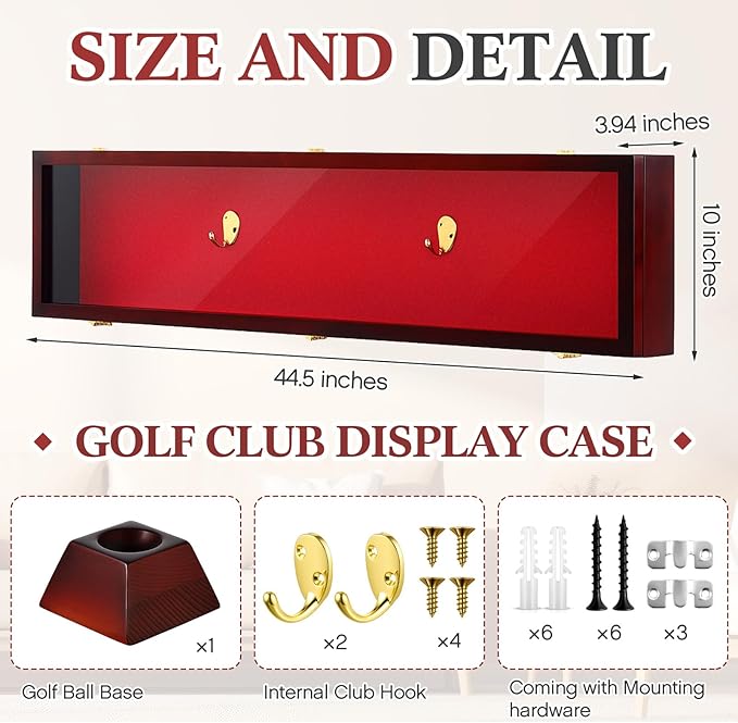 44.5'' Golf Club Display Case Wood Storage Display Cabinet with Hanger Stand Lock Wall Mount W/ 98% UV Protection Acrylic Lockable Door Case Rack for Christmas Antique Vintage Golf Club Gift