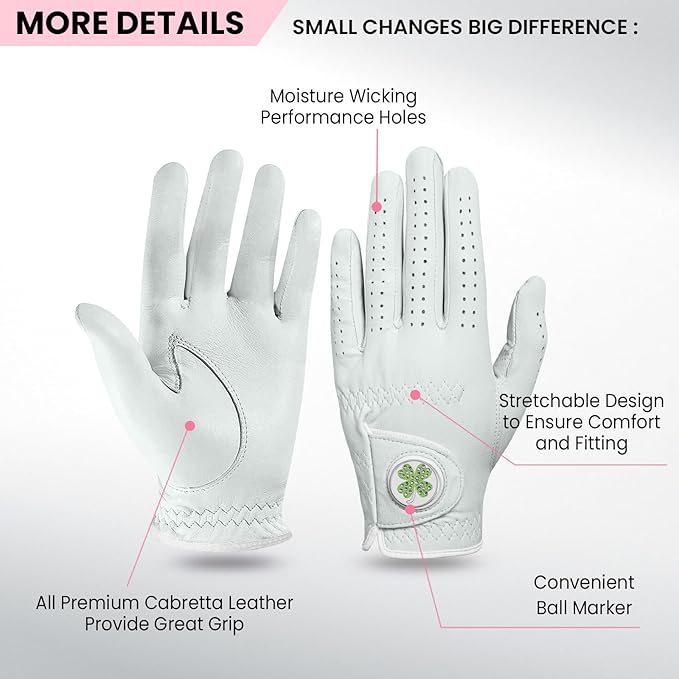 FINGER TEN Golf Gloves Women All Premium Cabretta Leather 1 Pack, Soft Comfortable & Breathable Grip Glove with Ball Marker Left Hand for Right Handed Golfer