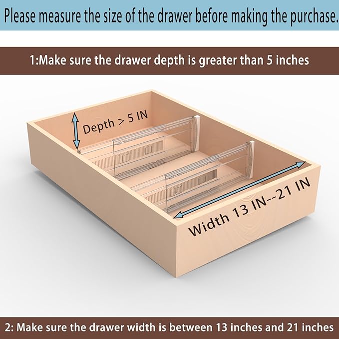 6 Pack Adjustable Drawer Dividers for Clothes,5" High Expandable From 13-21" Clear Drawer Organizers, PC Plastic Separators for Dresser/Bedroom/Bathroom/Kitchen/Office Storage