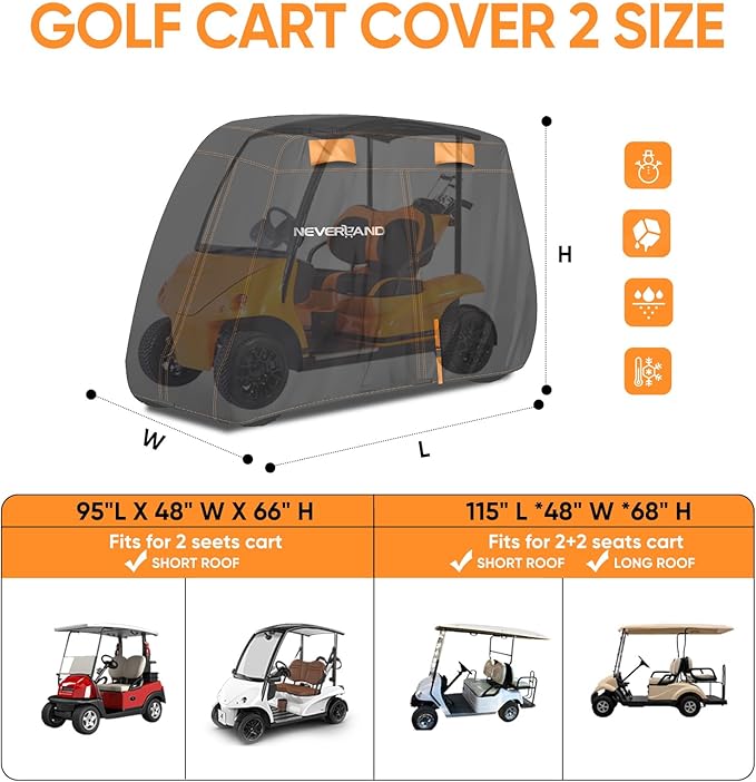 NEVERLAND Golf Cart Cover 4 Passenger, Heavy Duty 420D Golf Cart Covers, Waterproof Club Car Golf Cart Cover with Zipper Doors Compatible with EZGO Yamaha Club Car 4 Seat (Up to 115 Inch)