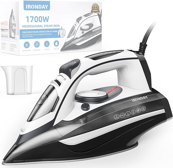 Steam Iron for Clothes 20s Fast Heat-up,1700W Iron with 14.07oz Large Water Tank,Non-Stick Ceramic Soleplate, Anti-Drip, Auto-Off, Burst Steam, Self-Cleaning, Ironing Clothes for Home, Grey