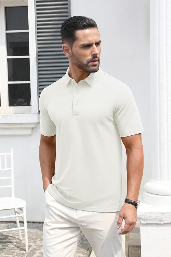 MAGCOMSEN Men's Polo Shirts Short Sleeve Cotton Pique 3 Button Classic Fit Casual T-Shirt Performance Golf Shirts