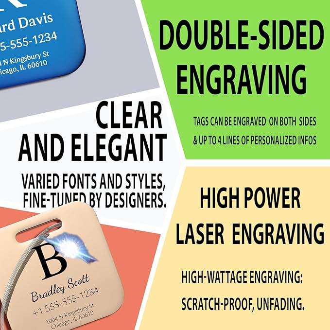 Stainless Luggage Tags for Suitcases 4 Pack: Metal Personalized Luggage Tags for Backpacks & Bags with Customizable Texts (Blue)