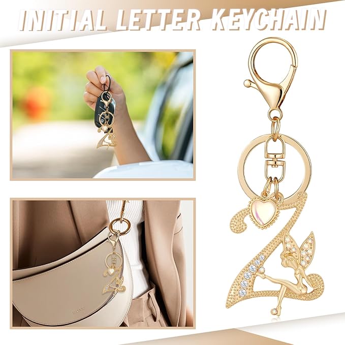 Gold Plated Alphabet Initial Letter Keyring Keychain for Women Girls Crystal Key Chains for Wallet Backpack Bag Charm