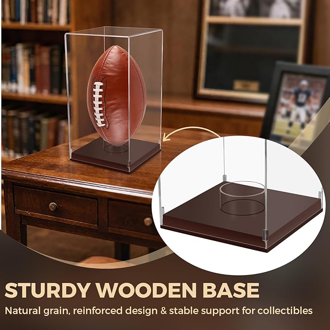 Football Display Case with Wooden Base, UV Protection Clear Acrylic Souvenir Display Box for Autographed Football, Memorabilia, Sports Colle